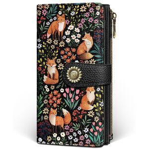 2398 Cute Fox Wallet RFID Blocking, Flower Credit Card Holder Bifold, PU